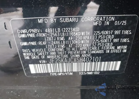 2025 Subaru Forester Wilderness из США, поврежденный, VIN JF2SKAJCXSH402101